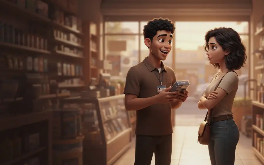 Communicating: a uniformed salesperson presents the product while the client listens with folded arms