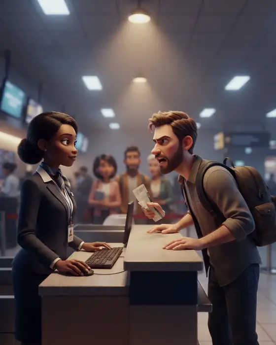 Airport counter agent facing an angry passenger, with a queue behind