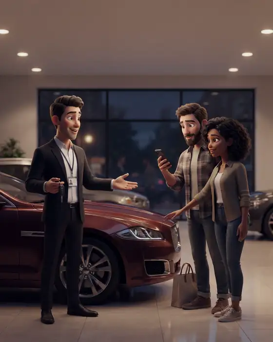 Dealership salesperson serving a couple beside a car in the showroom