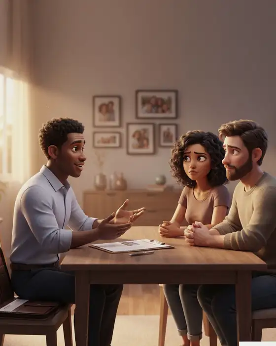 Insurance broker presenting a printed proposal to a couple at their dining table