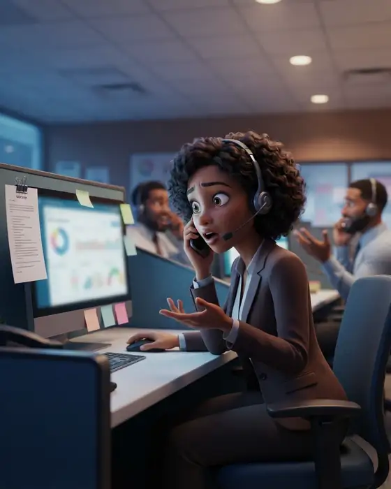 Inside sales rep with headset at her monitor, caught off guard by an objection