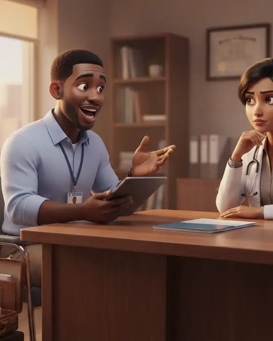 Pharmaceutical rep presenting material to a doctor in her office