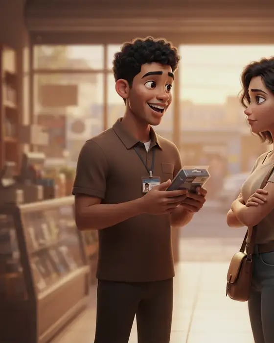 Retail shop-floor salesperson presenting a product to a client