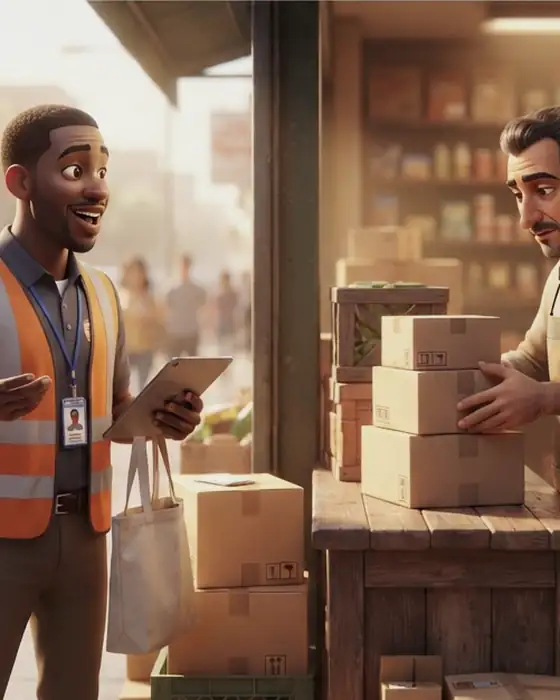 Field rep with tablet and vest talking to a neighbourhood shopkeeper amid delivery boxes