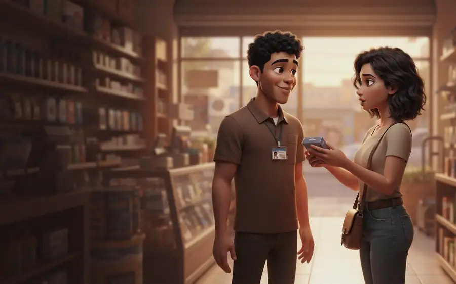 Installing: the client holds the product and talks while the salesperson listens in silence