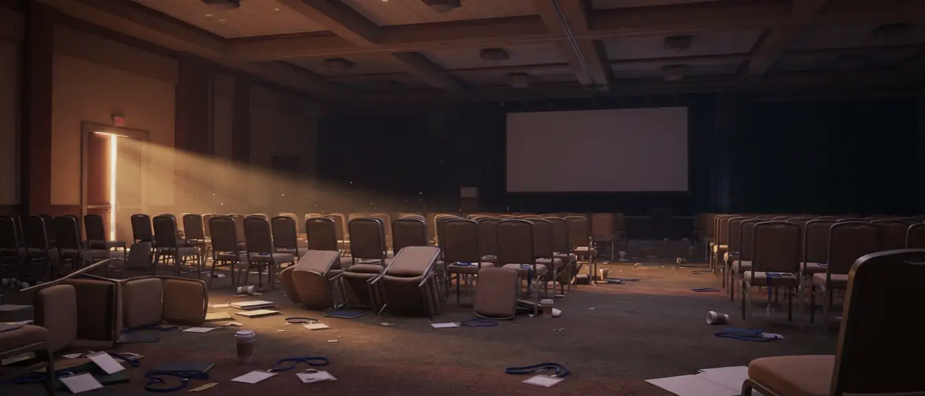 Empty convention hall the morning after the event, with badges and notebooks left behind